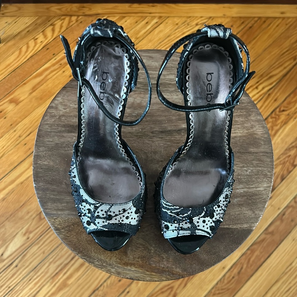 Bebe Black and Silver Crystal Embellished Heels
